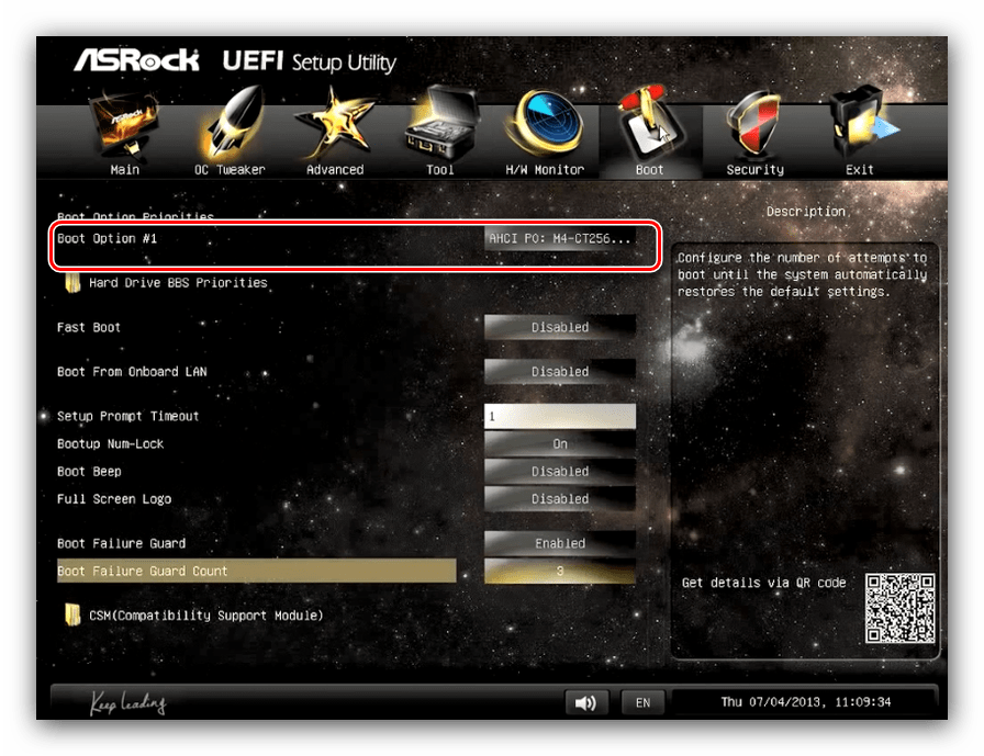 Настройка приоритета в ASRock UEFI для установки диска в качестве основного носителя