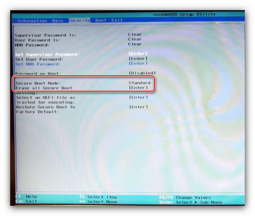 Параметры Secure Boot на вкладке безопасности интерфейса BIOS ноутбука Acer