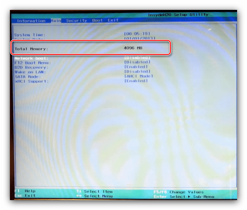 Объём ОЗУ в основных настройках интерфейса BIOS ноутбука Acer