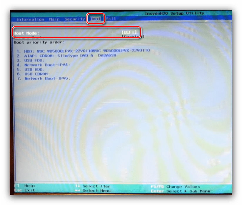 Переключение режима на вкладке загрузки интерфейса BIOS ноутбука Acer