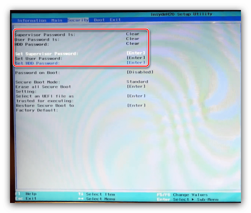 Настройки паролей на вкладке безопасности интерфейса BIOS ноутбука Acer