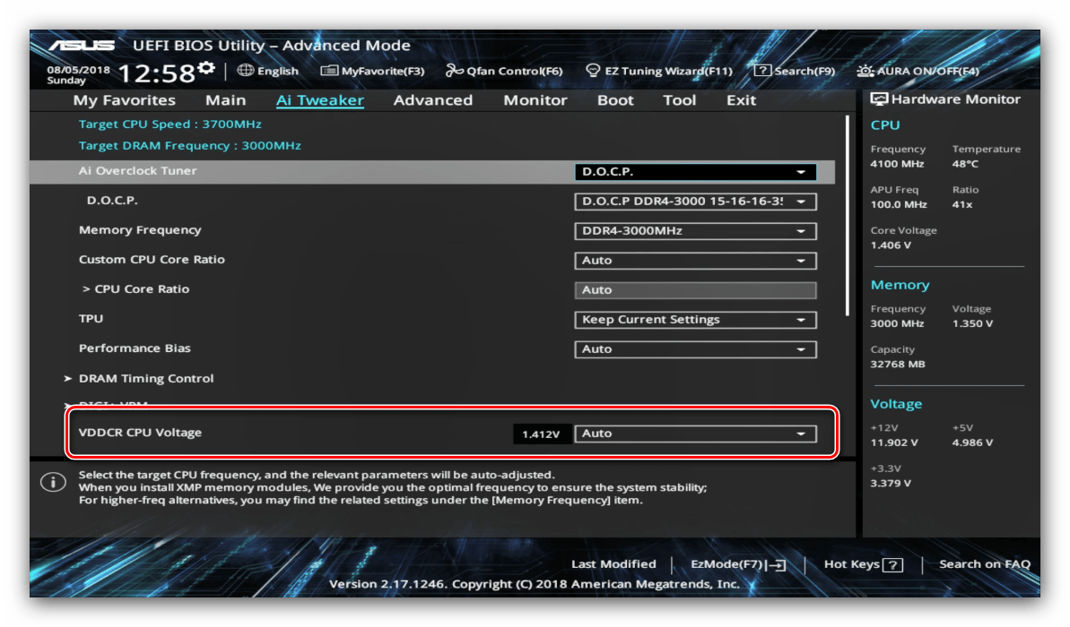 Изменение вольтажа процессора во время настройки UEFI BIOS Utility