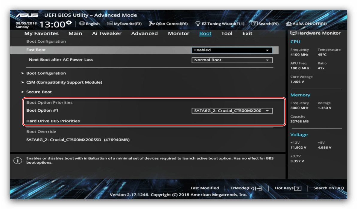 Выбор приоритета загрузки во время настройки UEFI BIOS Utility