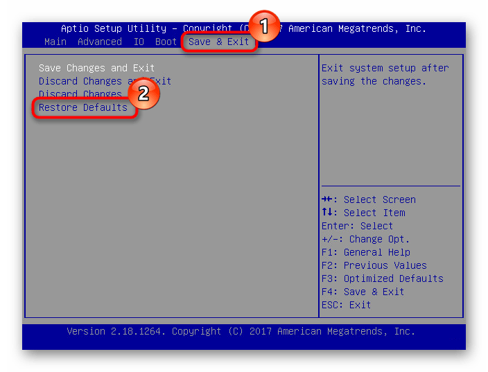 Опция Restore Defaults на вкладке Save & Exit в AMI BIOS