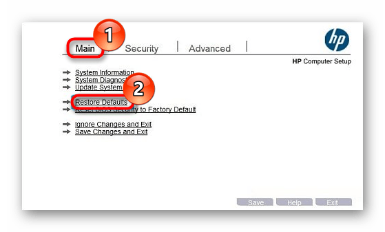 Опция Restore Defaults в HP BIOS UEFI