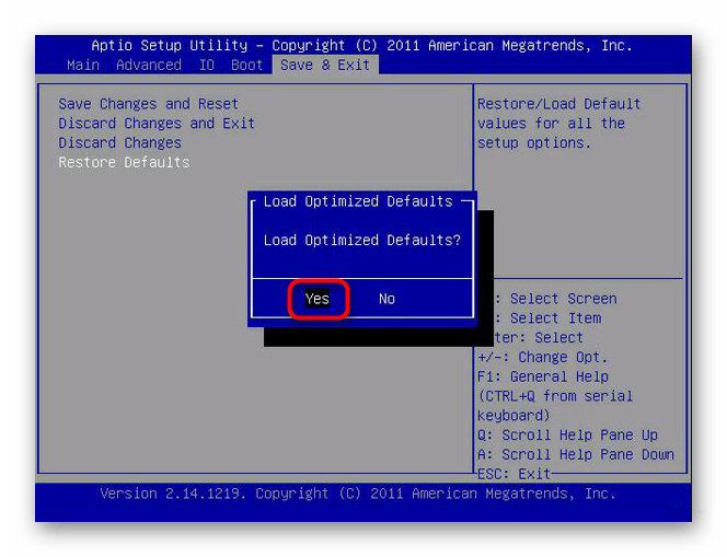 Сброс настроек до оптимальных через Restore Defaults в AMI BIOS