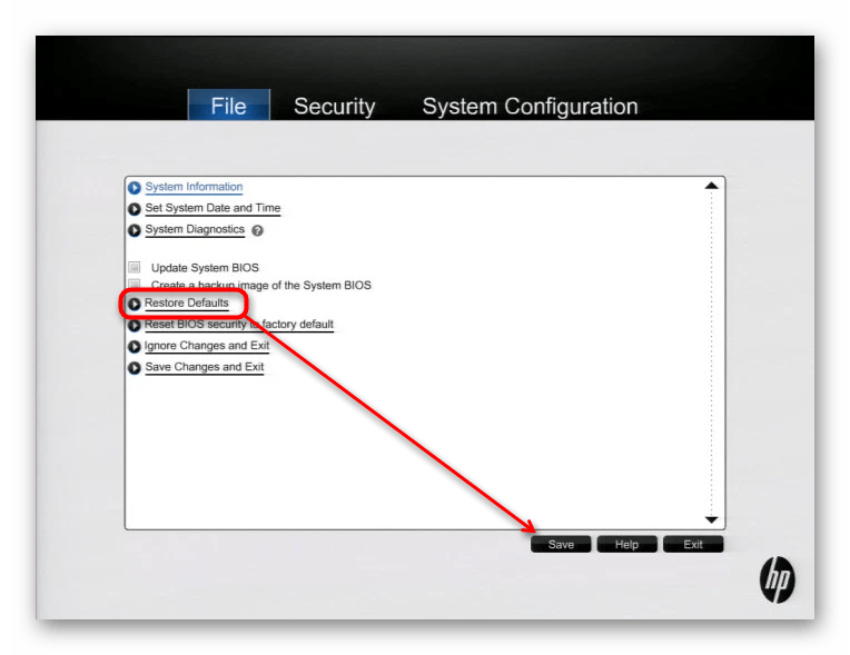 Вариант сброса настроек через Restore Defaults в HP UEFI