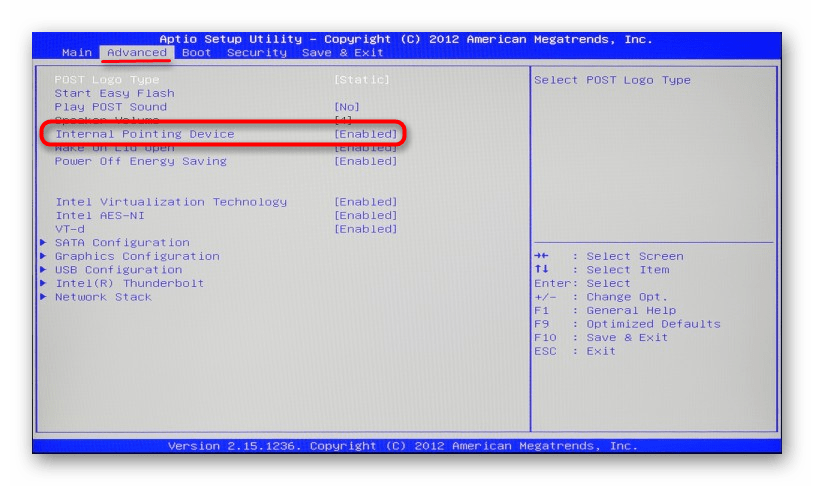 Опция Internal Pointing Device на вкладке Advanced в BIOS ноутбука