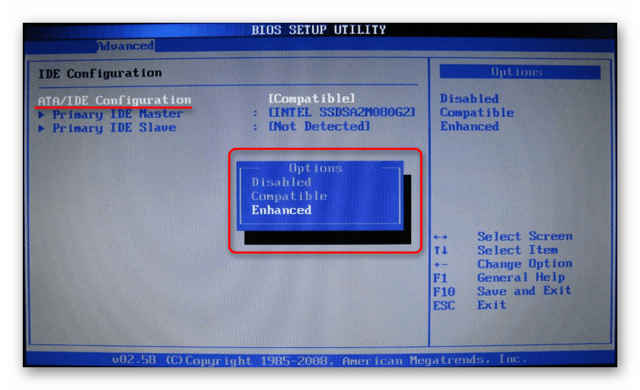 Режимы работы SATA-контроллера Enhanced и Compatible в BIOS