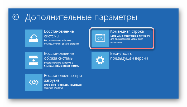 Командная строка в режиме восстановления Windows 10