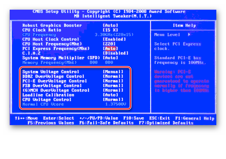 Напряжение тока устройств в Award BIOS