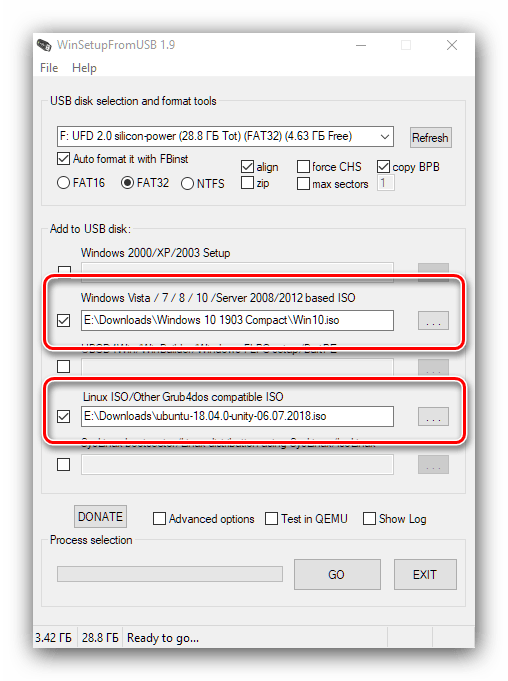 Установка образов примера в WinSetupFromUSB для создания мультизагрузочной флешки с Windows 10