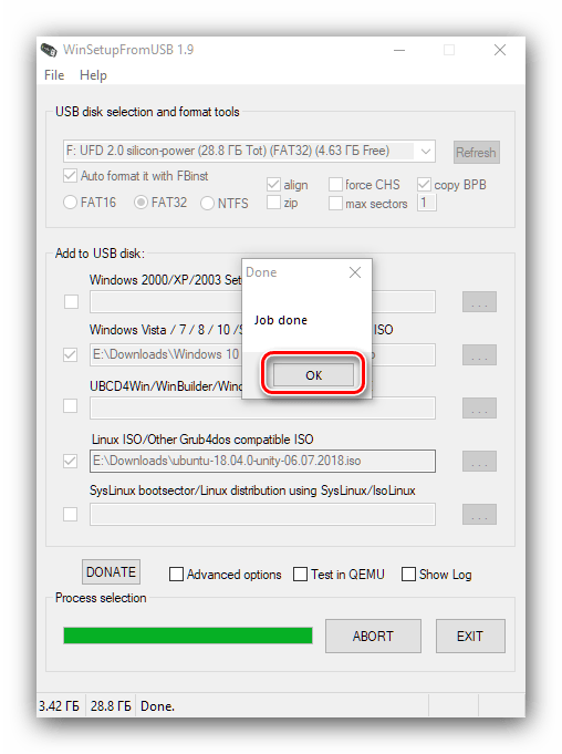 Завершить запись образов в WinSetupFromUSB для создания мультизагрузочной флешки с Windows 10