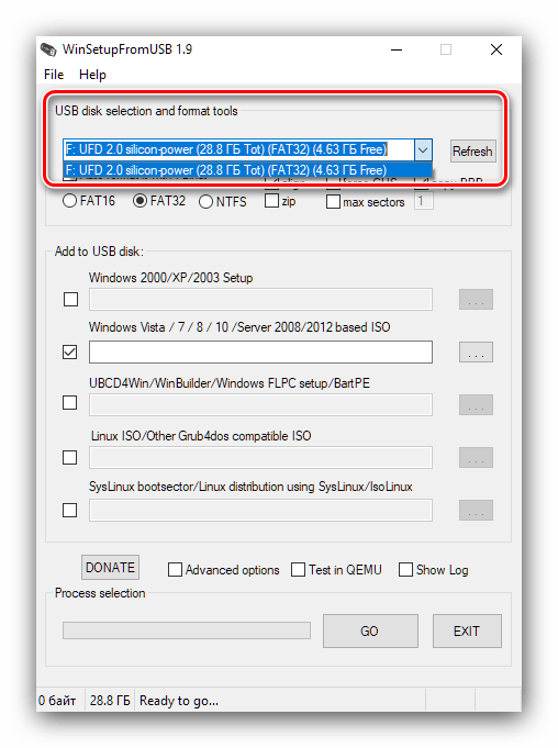 Выбор накопителя в WinSetupFromUSB для создания мультизагрузочной флешки с Windows 10