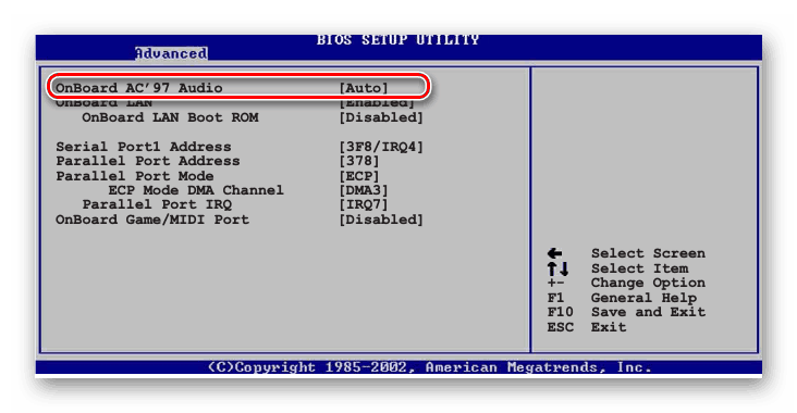 Параметр On Board AC97 Audio AMI BIOS