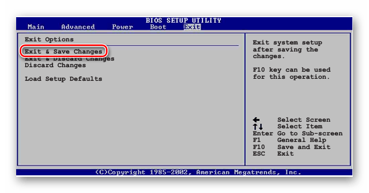 Сохранение настроек и выход из AMI BIOS