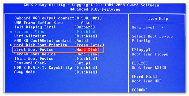 First Boot Device в Award BIOS