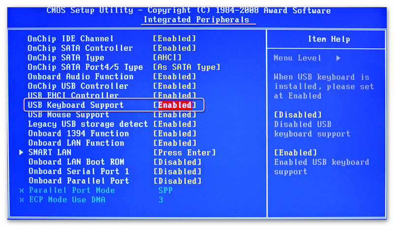 Включение USB-клавиатуры BIOS