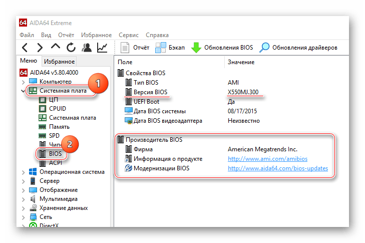 Версия BIOS в AIDA64