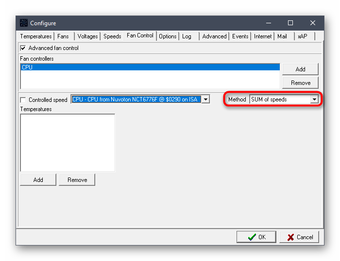 Выбор метода отслеживания температуры в программе SpeedFan