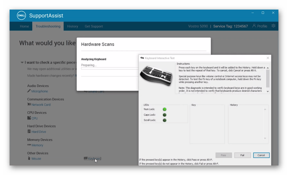 Утилита проверки работоспособности клавиатуры через фирменную программу SupportAssist ноутбука Dell