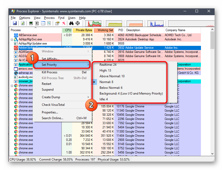 Изменение приоритета процесса через программу Process Explorer