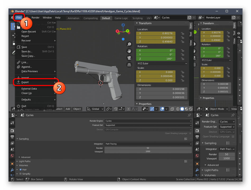 Переход к экспорту проекта в программе Blender