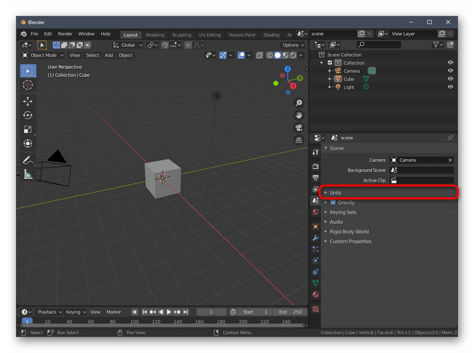 Открытие настроек единиц измерения в программе Blender перед созданием трехмерной модели