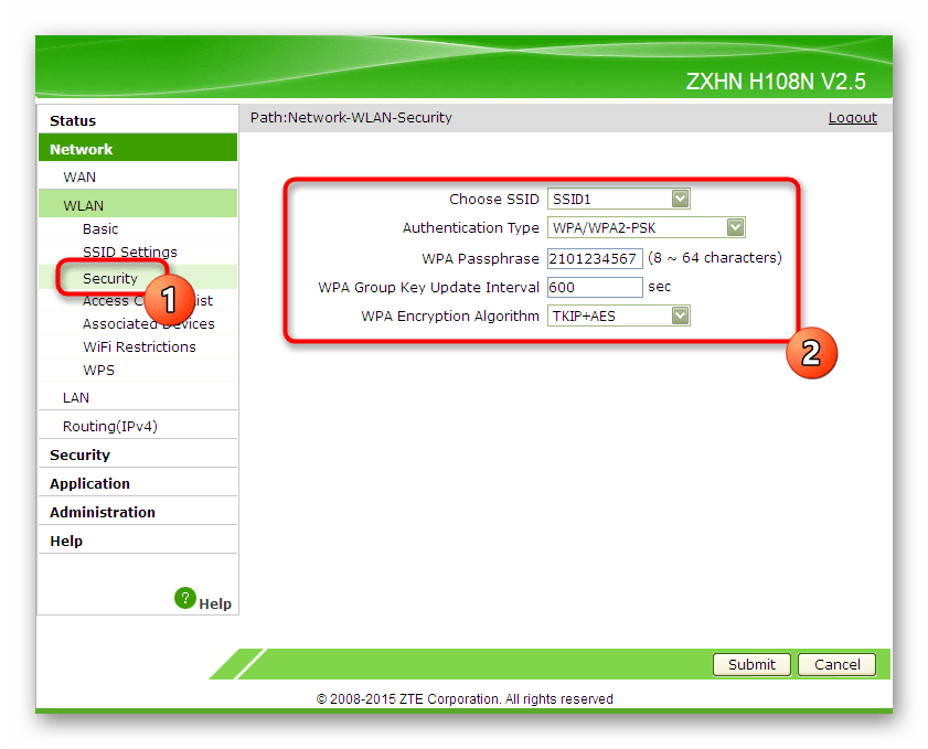 Настройка безопасности беспроводной сети маршрутизатора ZTE ZXHN H118N через веб-интерфейс
