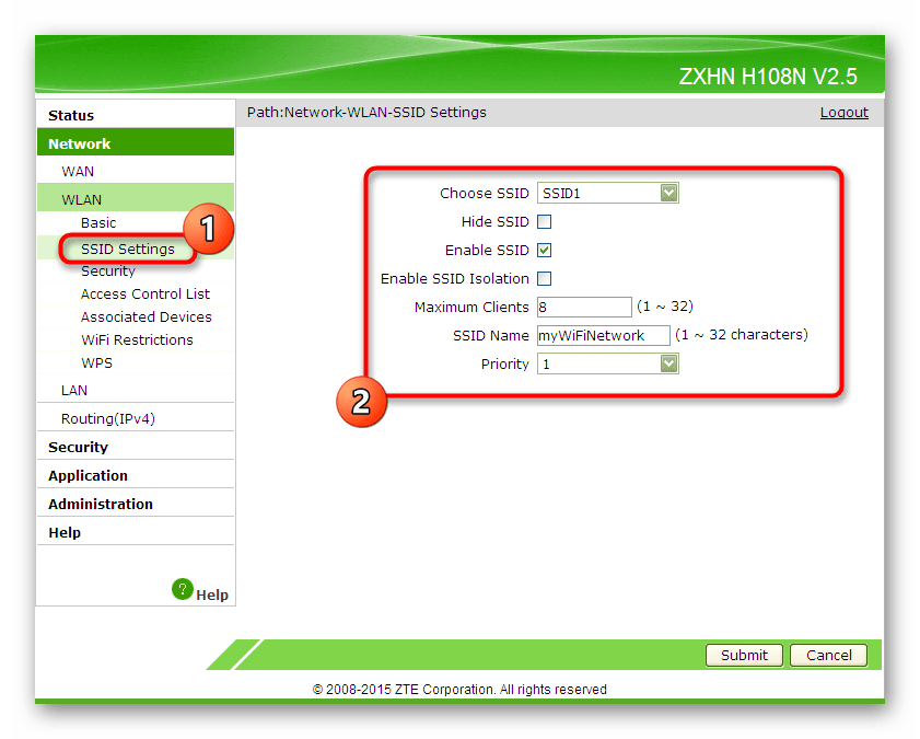 Настройка имени беспроводной сети маршрутизатора ZTE ZXHN H118N через веб-интерфейс