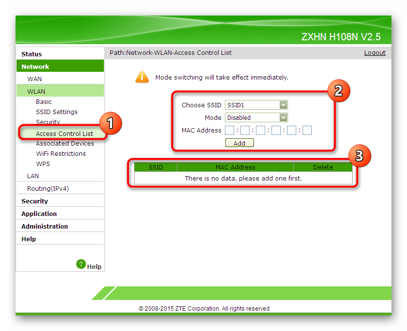Настройка ограничения доступа к беспроводной сети для роутера ZTE ZXHN H118N