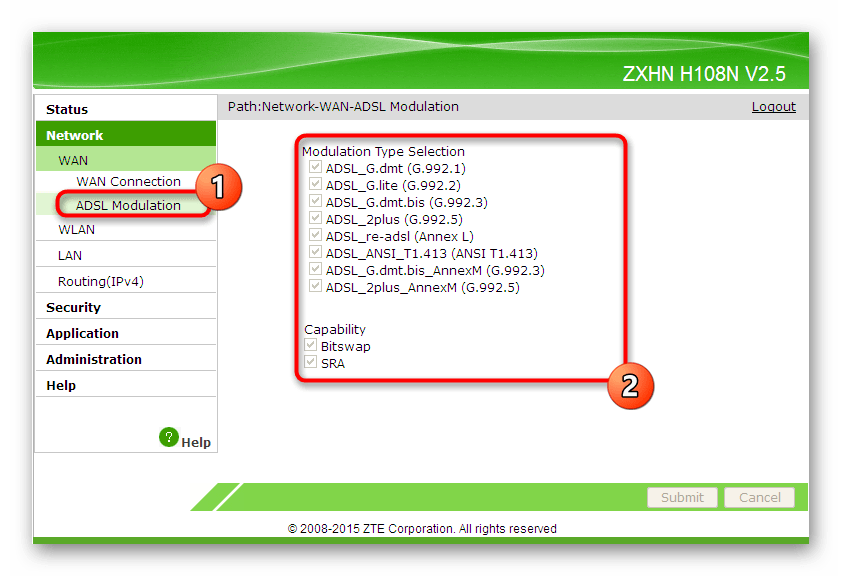 Использование модуляции ADSL при текущем типе подключения в веб-интерфейсе роутера ZTE ZXHN H118N