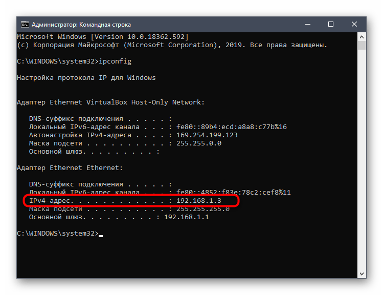 Просмотр результатов команды в консоли для определения IP-адреса компьютера на Windows 10