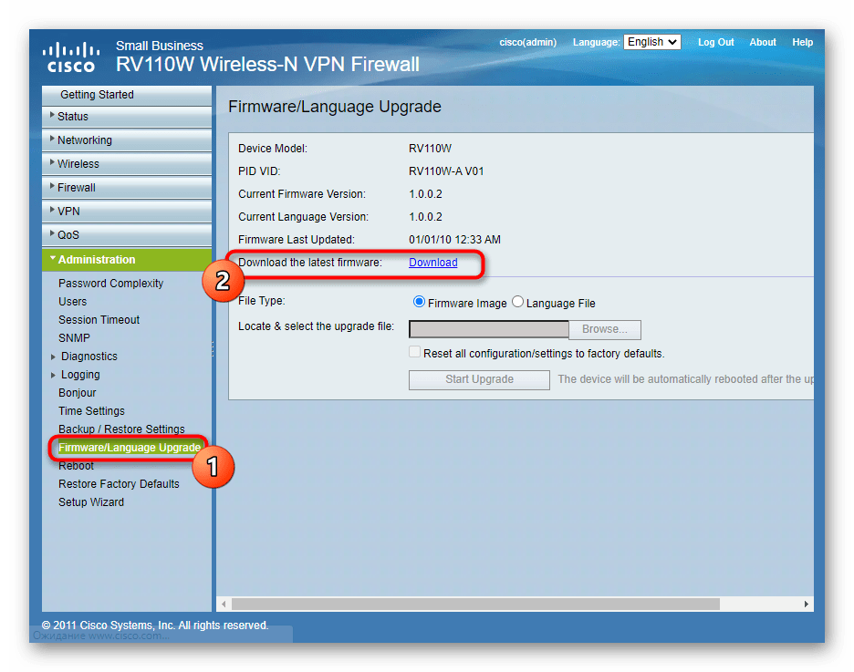 Скачивание обновлений для роутера Cisco через веб-интерфейс