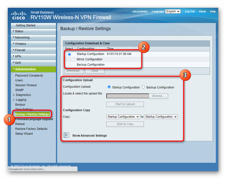 Управление резервными копиями настроек роутера через веб-интерфейс Cisco