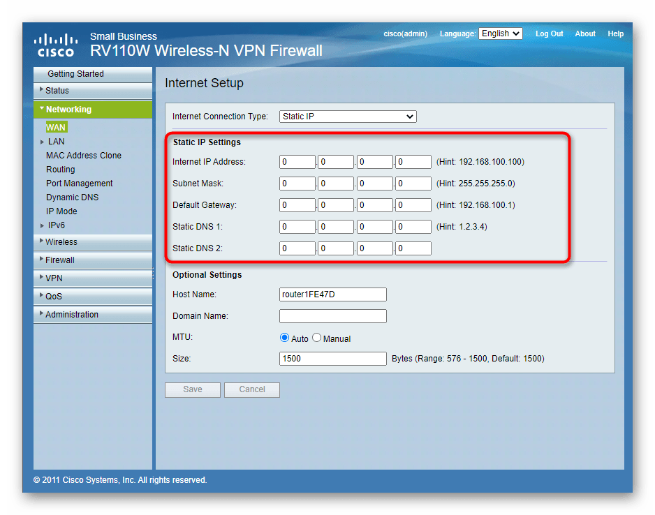 Заполнение информации при статическом адресе через веб-интерфейс роутера Cisco