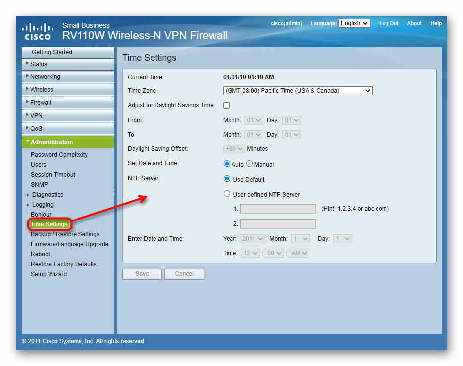 Настройка времени через инструменты администрирования роутера Cisco