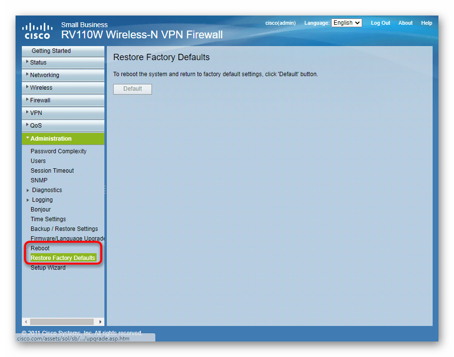 Перезагрузка или сброс настроек роутера Cisco через веб-интерфейс