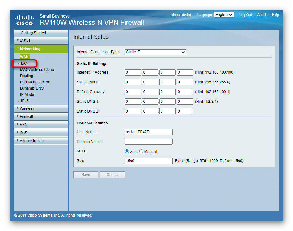 Переход к настройкам локальной сети через веб-интерфейс роутера Cisco