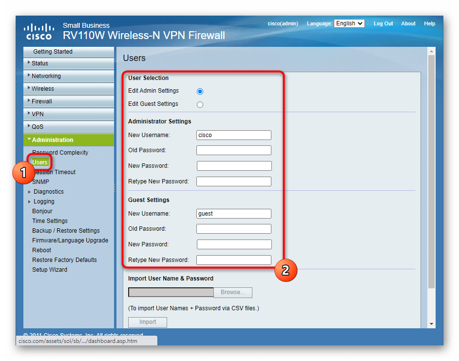 Настройка пользователей через веб-интерфейс роутера Cisco