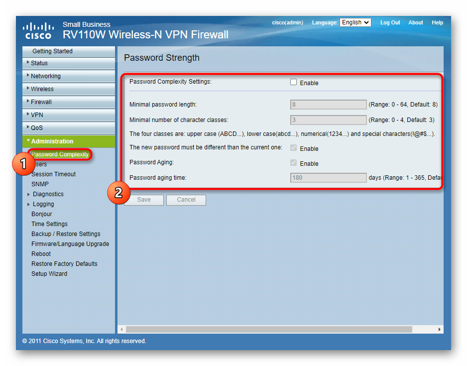 Настройка правил создания паролей в веб-интерфейсе роутера Cisco