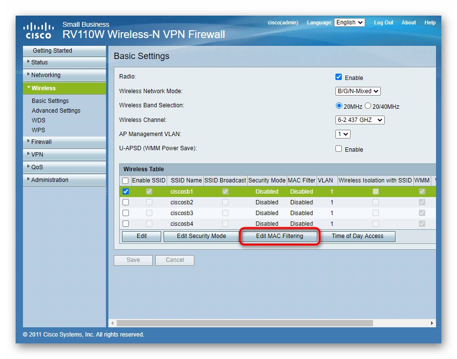 Переход к настройке фильтрации доступа к беспроводной сети роутера Cisco