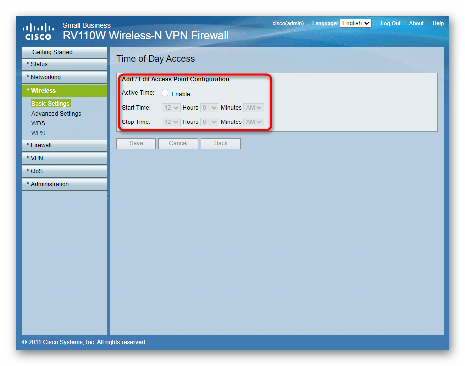 Настройка расписания работы беспроводной сети роутера Cisco