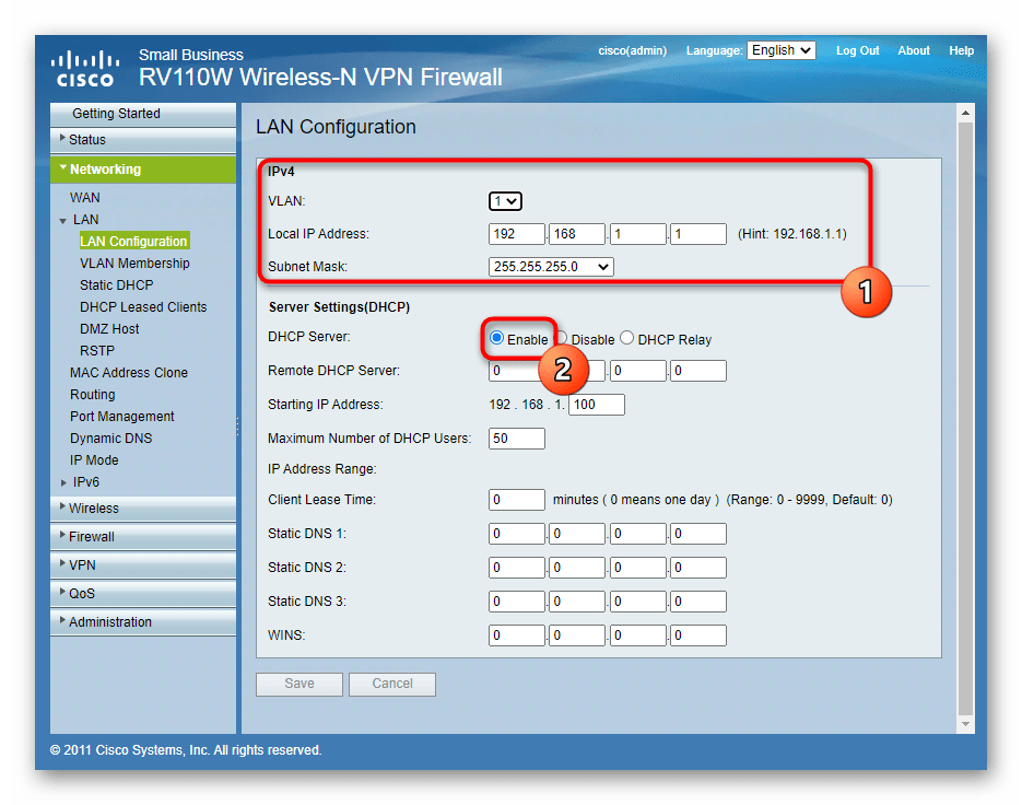 Общие настройки локальной сети через веб-интерфейс роутера Cisco