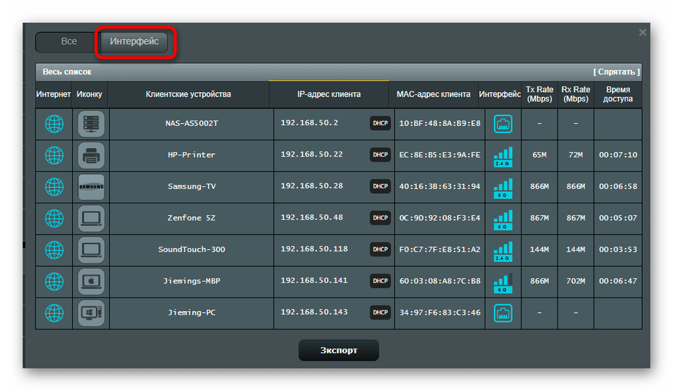 Сортировка списка клиентов беспроводной сети в роутере ASUS