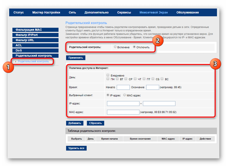 Настройка параметров родительского контроля для роутера МГТС GPON