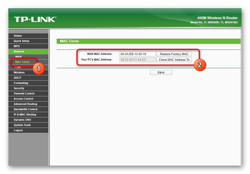 Ручное клонирование физического адреса роутера TP-Link TL-WR940N через веб-интерфейс