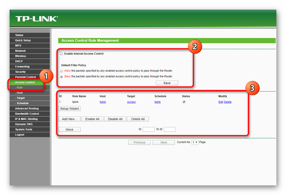 Включение правила доступа при конфигурировании роутера TP-Link TL-WR940N