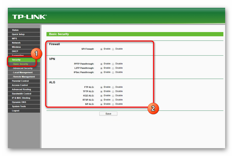 Общие настройки безопасности при ручном конфигурировании роутера TP-Link TL-WR940N