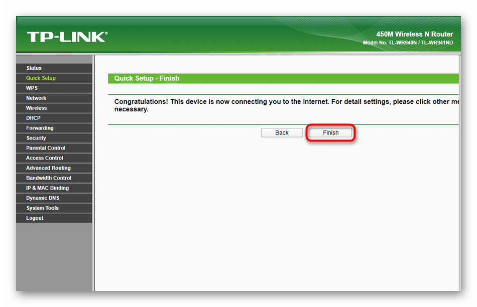 Завершение быстрой настройки роутера TP-Link TL-WR940N через веб-интерфейс